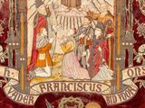 a tapestry with a picture of a man and a woman on it