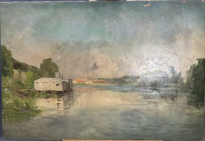 une peinture à l'huile représentant un bateau sur une rivière, avec un pont en arrière-plan