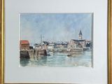 aquarelle encadrée représentant une scène de port avec des bateaux sur l'eau