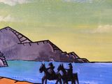 a painting of a man riding a horse on the beach