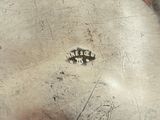 painting of a dog ' s face on a metal plate with a brown and white dog ' s face