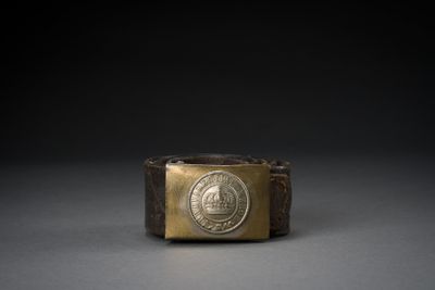 a close up of a gold ring with a coin on it