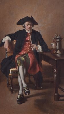 painting of a man sitting at a table with a glass of wine
