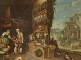 painting of a man and a woman in a kitchen with a dog and a cat