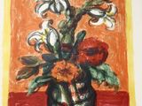 a painting of flowers in a vase on a table