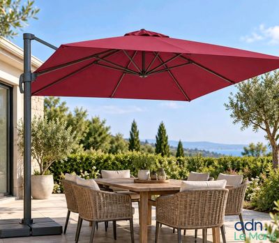 une photo d'une terrasse avec une table et des chaises sous un parasol rouge