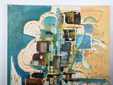 abstract painting of a blue, yellow, brown and white building