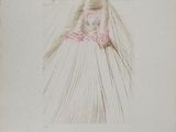 dessin représentant une femme en robe de mariée, la tête recouverte d'un voile