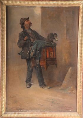 painting of a man carrying a bird cage with a cat on his shoulder
