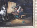 a painting of a boy and a dog in front of a easel