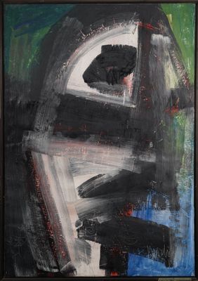 painting of a black and white abstract painting with a green background