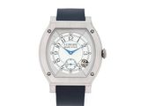 a close up of a watch on a white surface with a blue strap