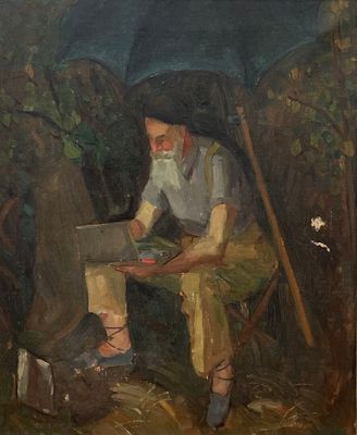 painting of a man sitting in a chair with an umbrella over his head