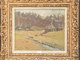 an image of a painting of a farm with a stream in the foreground