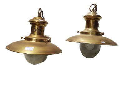 pair of antique brass hanging lamps with glass shades