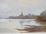 a painting of a view of a lake with a church in the background