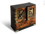 a small wooden cabinet with two doors on it