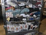 a metal cart with many items in it in a warehouse