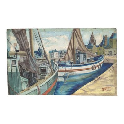 a painting of boats docked on the shore of a harbor