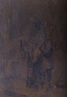 un tableau représentant un homme et une femme debout dans une pièce sombre