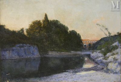 l'image d'une peinture représentant une rivière avec un pont en arrière-plan