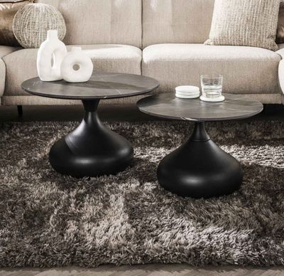 Lot de 2 tables basses rondes effet céramique marbre noir , … - Photo 1