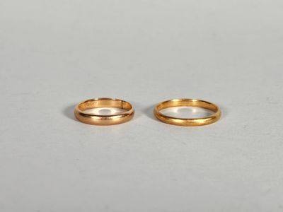 une paire d'alliances en or posées sur une surface blanche