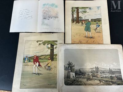 four antique prints of people playing golf on a golf course