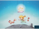 the little girl is flying in the sky with a star above her head