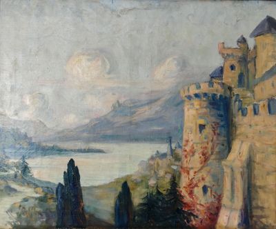 une peinture à l'huile représentant un château situé sur une falaise surplombant un lac