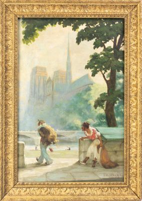 une image représentant un tableau où l'on voit deux enfants jouant avec un chien