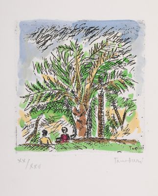 drawing of a man sitting under a palm tree in a park