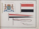 an old book with a drawing of a flag and other items