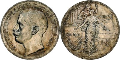 a silver coin with a woman and a man on it