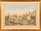 painting of a view of a harbor with boats and people on the water