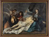 a painting of a man laying on the ground with other people around him