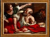 an image of a painting of an old man being tended by a woman