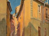 painting of a street scene with a yellow building and a blue sky in the background