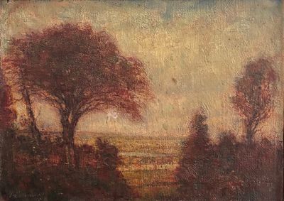 une peinture à l'huile représentant un paysage avec des arbres et un plan d'eau au loin