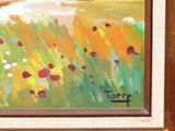 an oil painting of a field of flowers with a house in the background