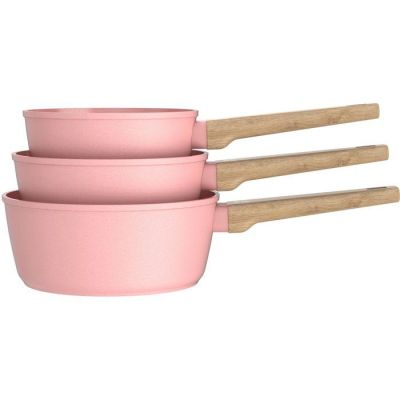 three pink bowls with wooden handles are stacked on top of each other
