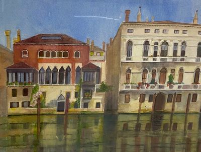 a painting of some buildings on the side of the water