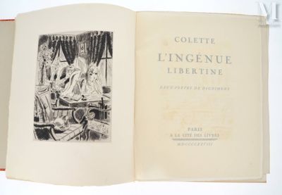 an open book with a drawing of a woman sitting at a table