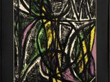 une peinture abstraite en noir et jaune sur fond blanc