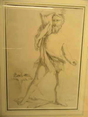 dessin encadré représentant un homme avec un chien dans une salle de bains
