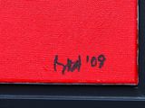 a painting of a man riding a skateboard on a red surface