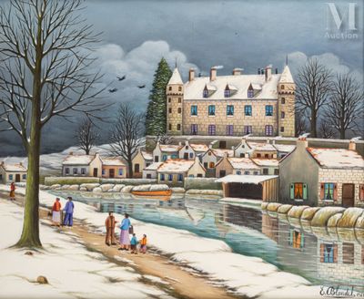 painting of a winter scene with people and boats on a river
