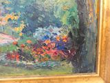 un tableau représentant un banc au milieu d'un jardin