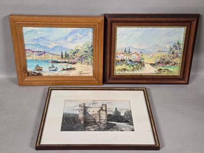 two framed paintings of a castle and a boat on the water