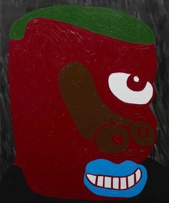 a painting of a red apple with a green leaf on it